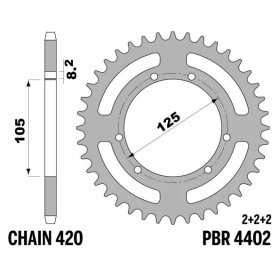 PBR Standard Steel Rear Sprocket 4402 - 420 DERBI SENDA / RIEJU DRAC / MRT / SMX / SPIKE / TANGO 50cc 95-24