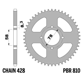 PBR Standard C45 Steel Rear Sprocket 810 - 428 ​​​​​​​HYOSUNG GA / GV / RT / XRX / SUZUKI GN / GP / GT / RG / RV / TU 125cc 1973-2015