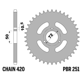 PBR Standard Steel Rear Sprocket 251 - 420 ​​​​​​​HONDA MCX / NSR / NS1 50-80cc 1989-1994