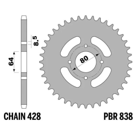 PBR Standard Steel Rear Sprocket 838 - 428 ​​​​​​​YAMAHA YBR 125cc 2005-2018