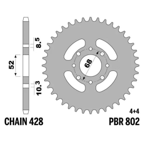 PBR Standard Steel Rear Sprocket 802 - 428 KAWASAKI / SUZUKI 80-115cc 1973-2020