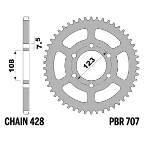 PBR Standard C45 Steel Rear Sprocket 707 - 428 ​​​​​​​CAGIVA PRIMA / W-4 / COCIS / MITO / SUPER CITY 50-80cc 1990-1999