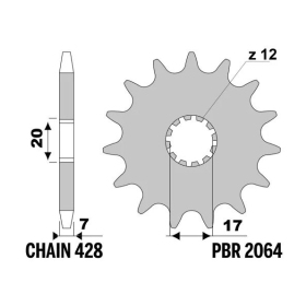 PBR Steel Standard Front Sprocket 2064 - 428 APRILIA / BETA / CAGIVA / CPI / FANTIC / HM / HRD / PEUGEOT / RIEJU / SHERCO / YAMAHA 50-125cc 1987-2024