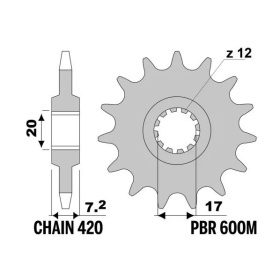 PBR Steel Standard Front Sprocket 600M - 420 APRILIA / BETA / CPI / FANTIC / HM / MALAGUTI / MOTOR HISPANIA / RIEJU / SHERCO / YAMAHA 50-125cc 1987-2024