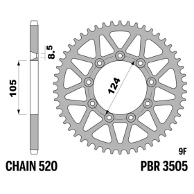 PBR Standard C45 Steel Rear Sprocket 3505 - 520 TM RACING EN / MX / MX-F / SMR / SMX / VOR EN 80-660cc 1993-2020