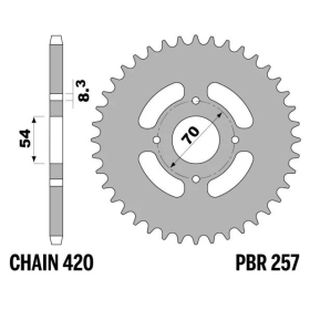 PBR Standard Steel Rear Sprocket 257 - 420 ​​​​​​​HONDA CUB / CF / C 50-70cc 1982-1988