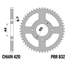 PBR Standard Steel Rear Sprocket 832 - 420 ​​​​​​​YAMAHA YSR / RD / DT 50cc 1977-1996