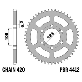 PBR Standard Steel Rear Sprocket 4412 - 420 APRILIA / DERBI / GILERA / PEUGEOT 50cc 1991-2022