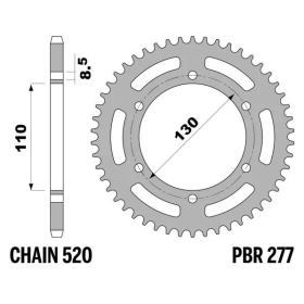 PBR Standard C45 Steel Rear Sprocket 277 - 520 ​​​​​​​GILERA RC / R / APACHE 125cc 1990-1993