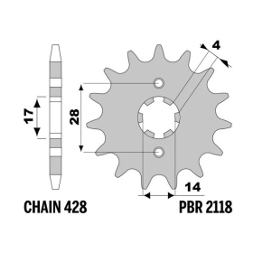 PBR Steel Standard Front Sprocket 2118 - 428 DERBI GPR / MULHACEN / SENDA / TERRA / HONDA CRF 125cc 2007-2024