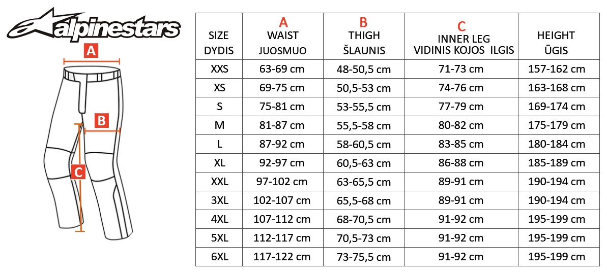 ALPINESTARS size table