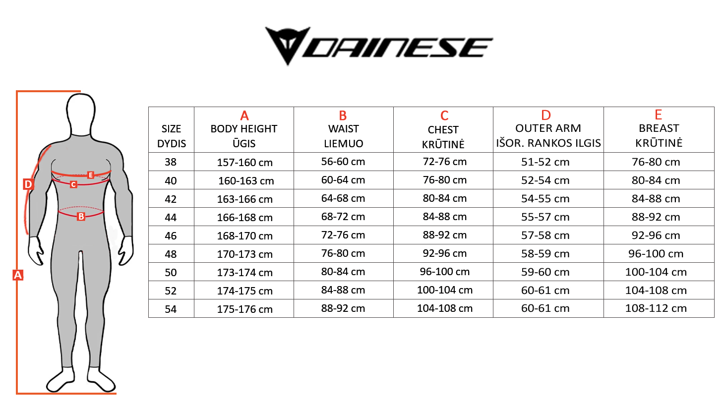 DAINESE size table