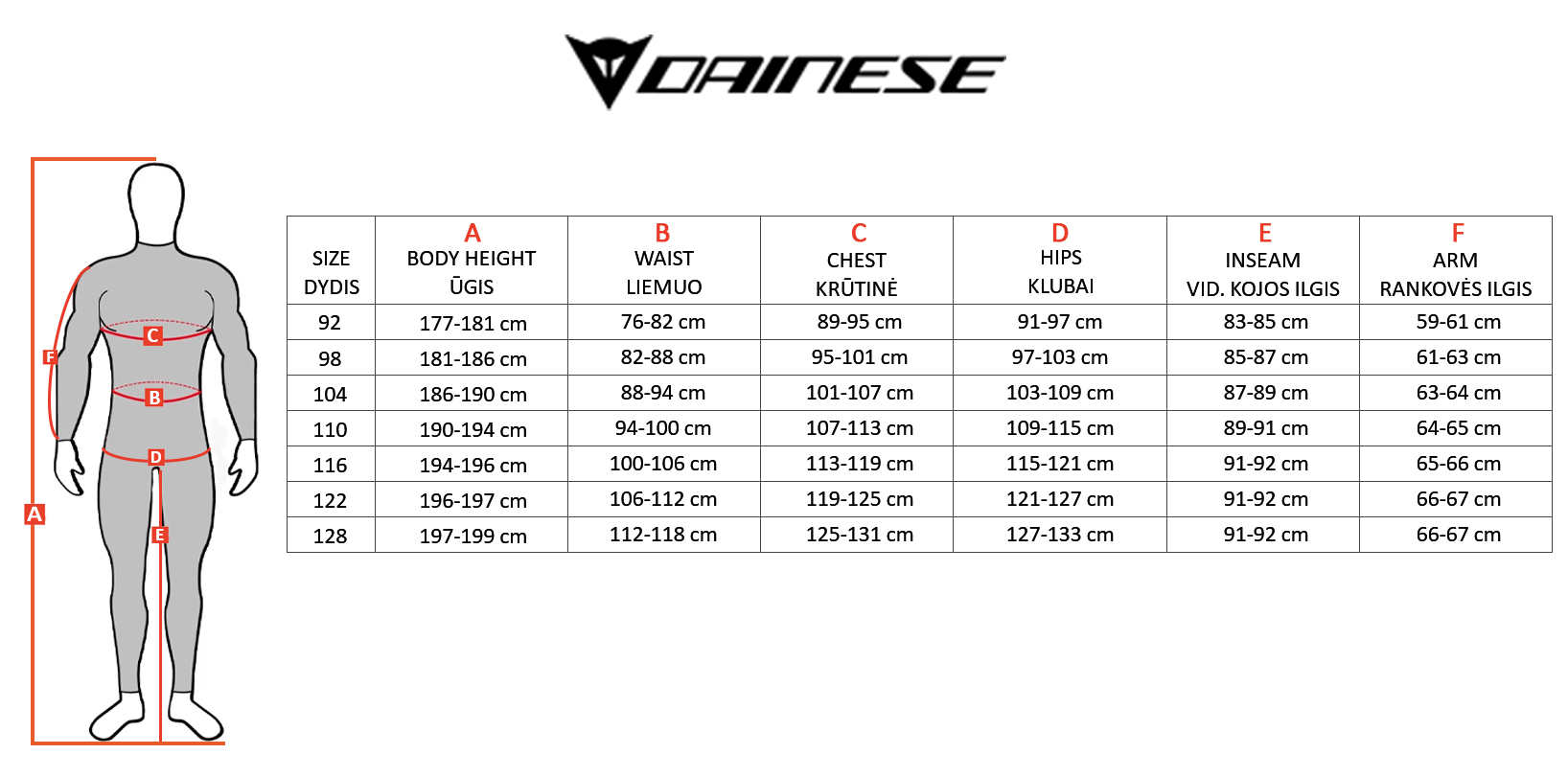 DAINESE size table