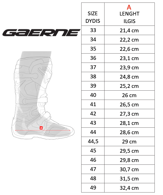 GAERNE size table