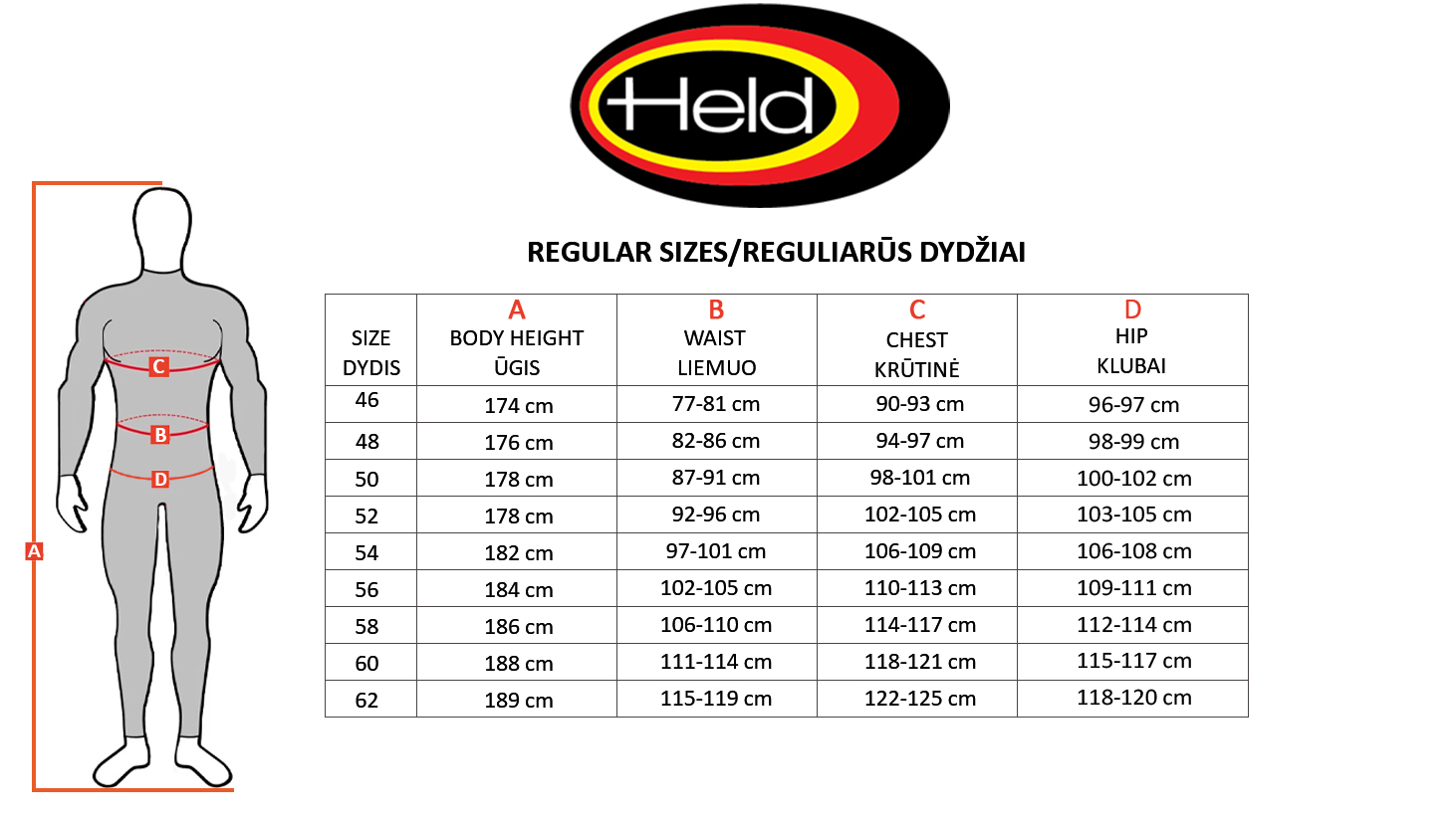 HELD size table