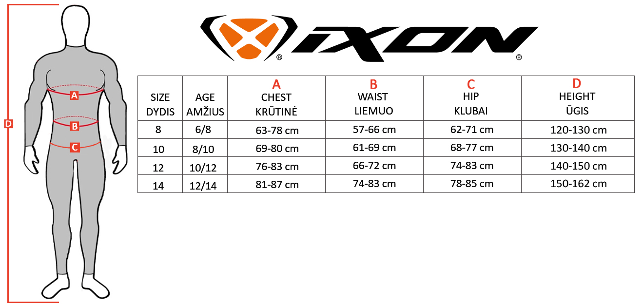 IXON size table