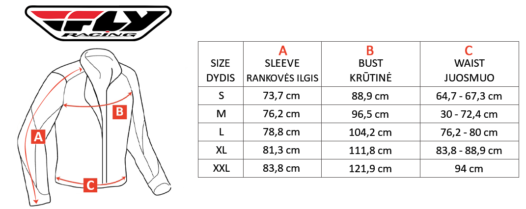 FLY size table