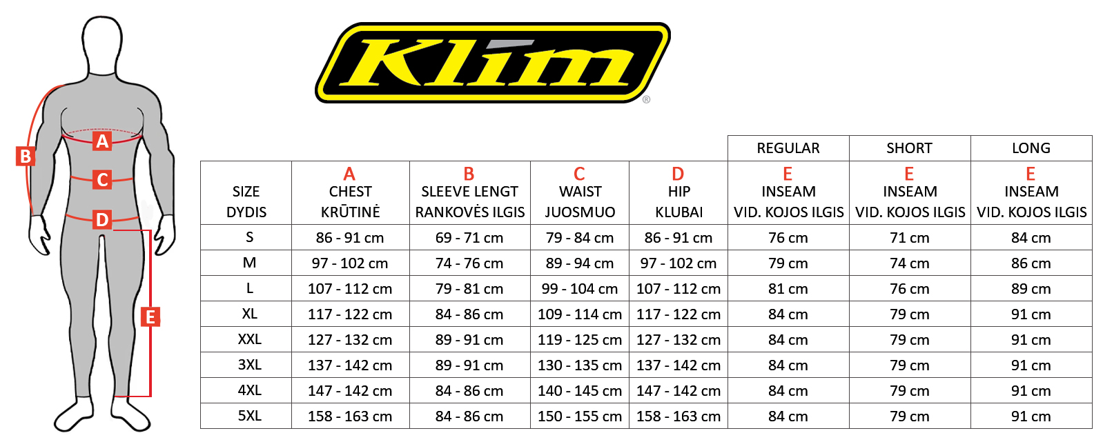 KLIM size table