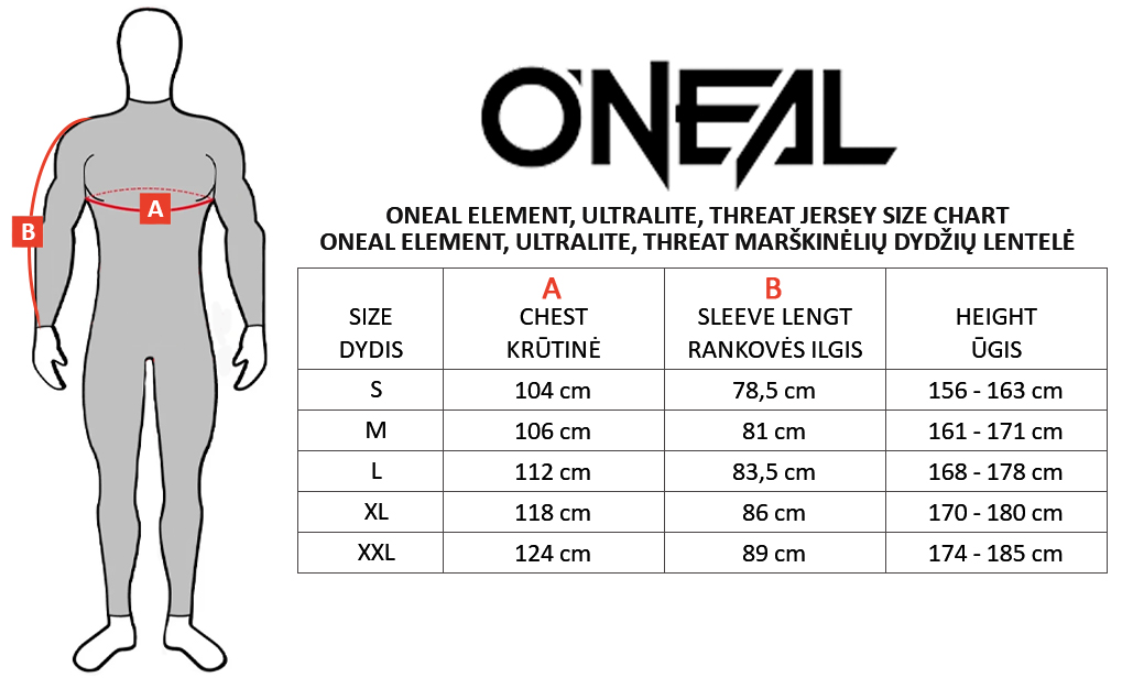 ONEAL size table