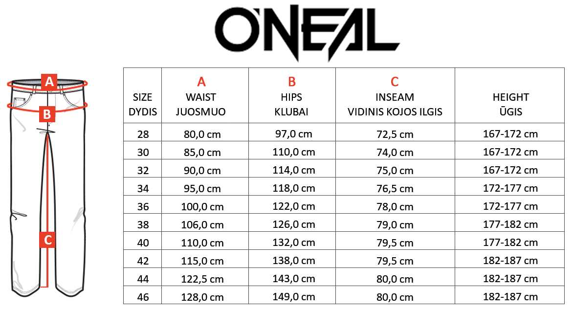 ONEAL size table