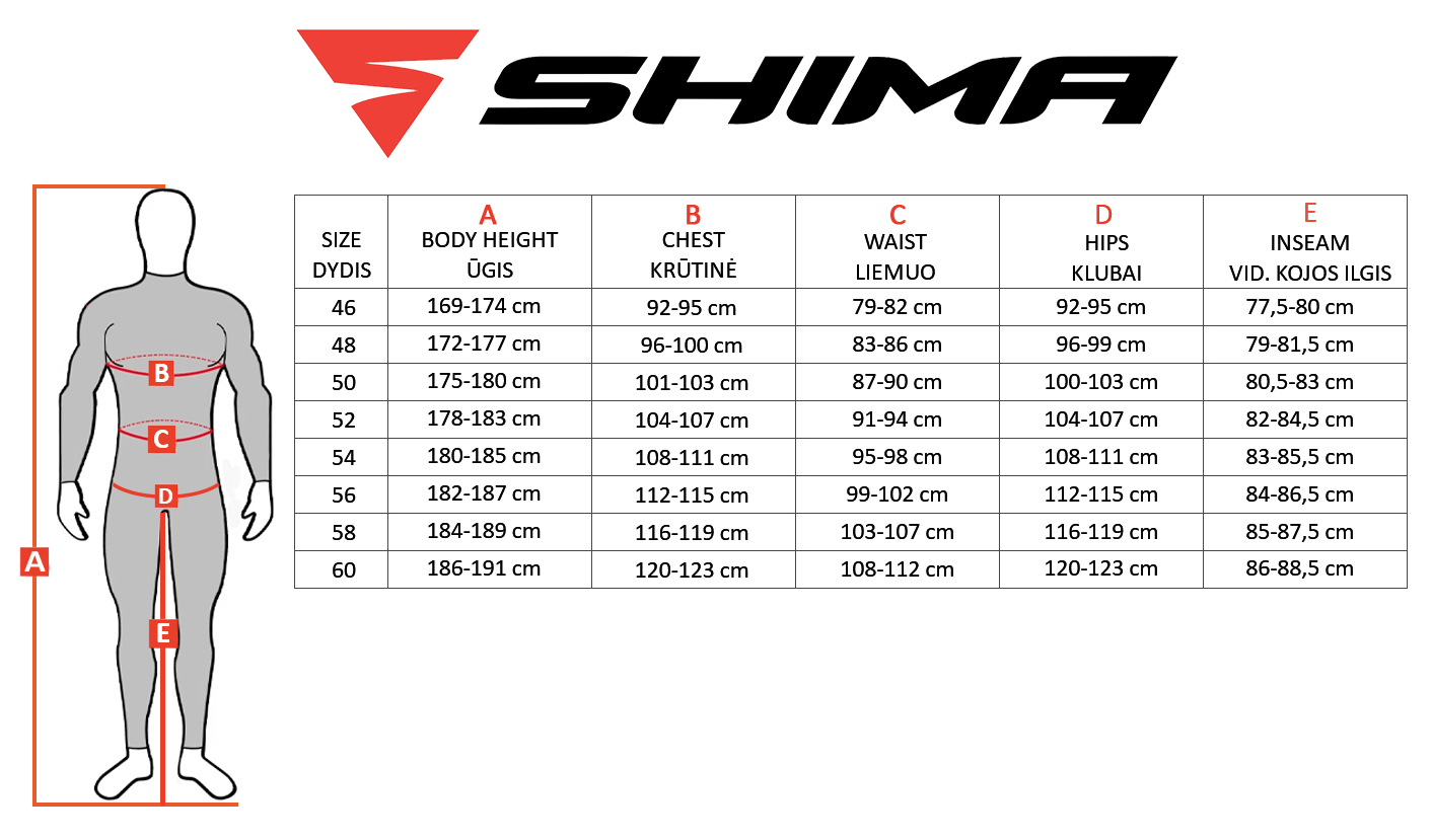 SHIMA size table