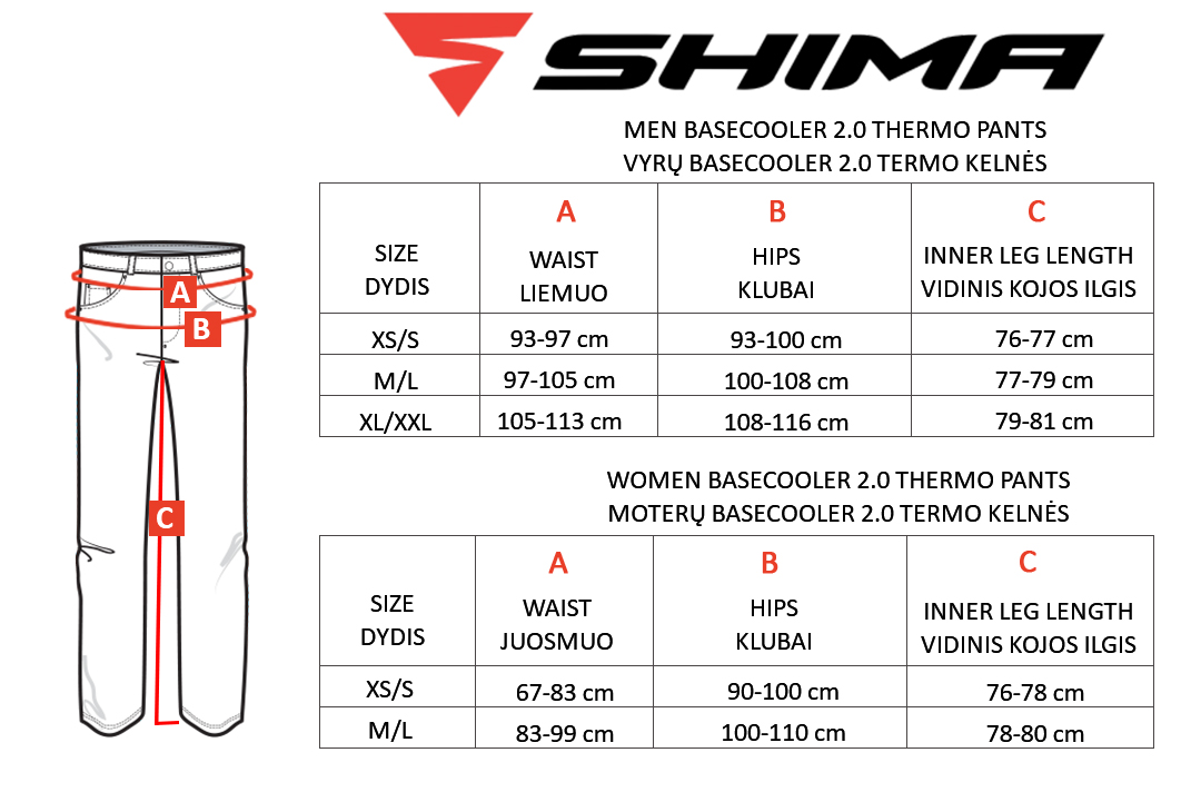 SHIMA dydžių lentelė